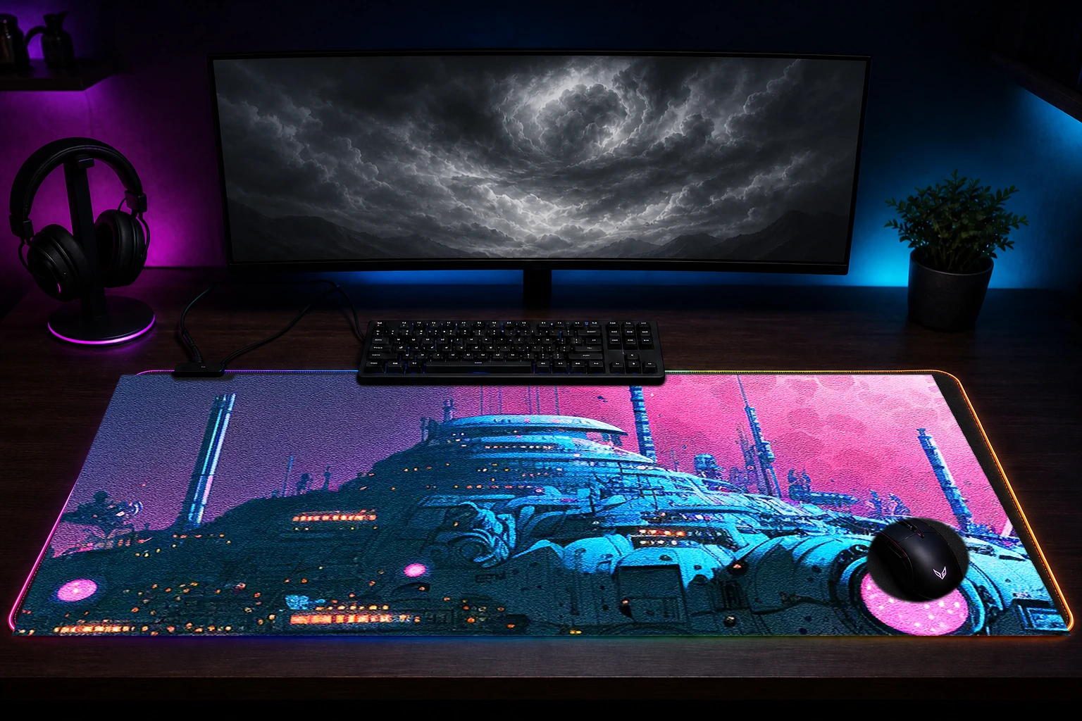 UFO on the Moon RGB Desk Mat immersive setup scene