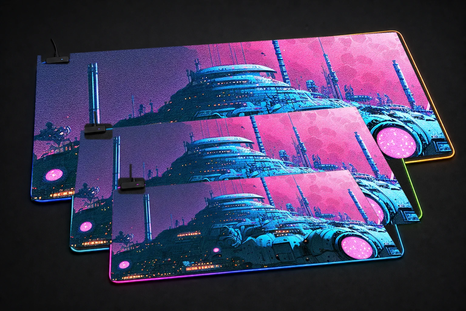 UFO on the Moon RGB Desk Mat three-size comparison
