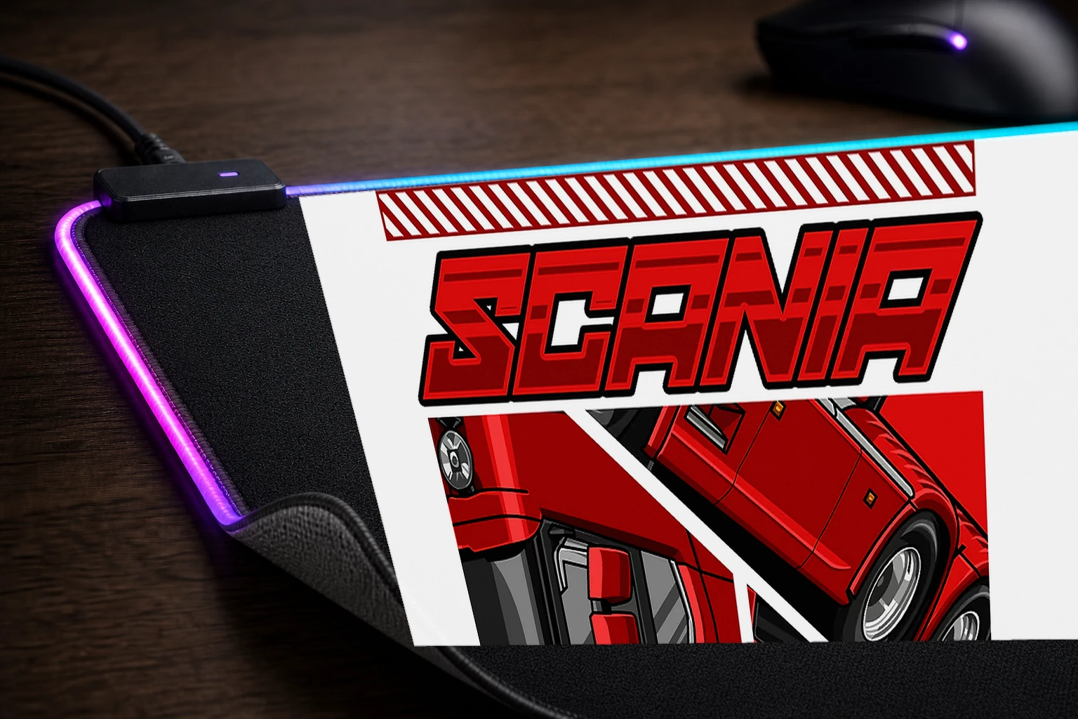 Red Scania Truck Illustration RGB Desk Mat controller and material detail