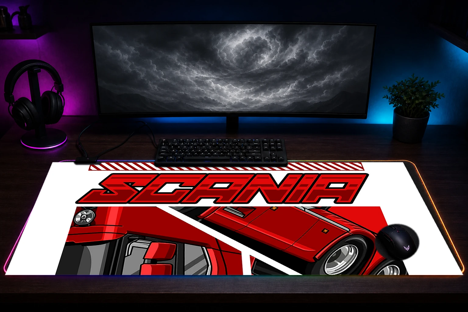 Red Scania Truck Illustration RGB Desk Mat immersive setup scene