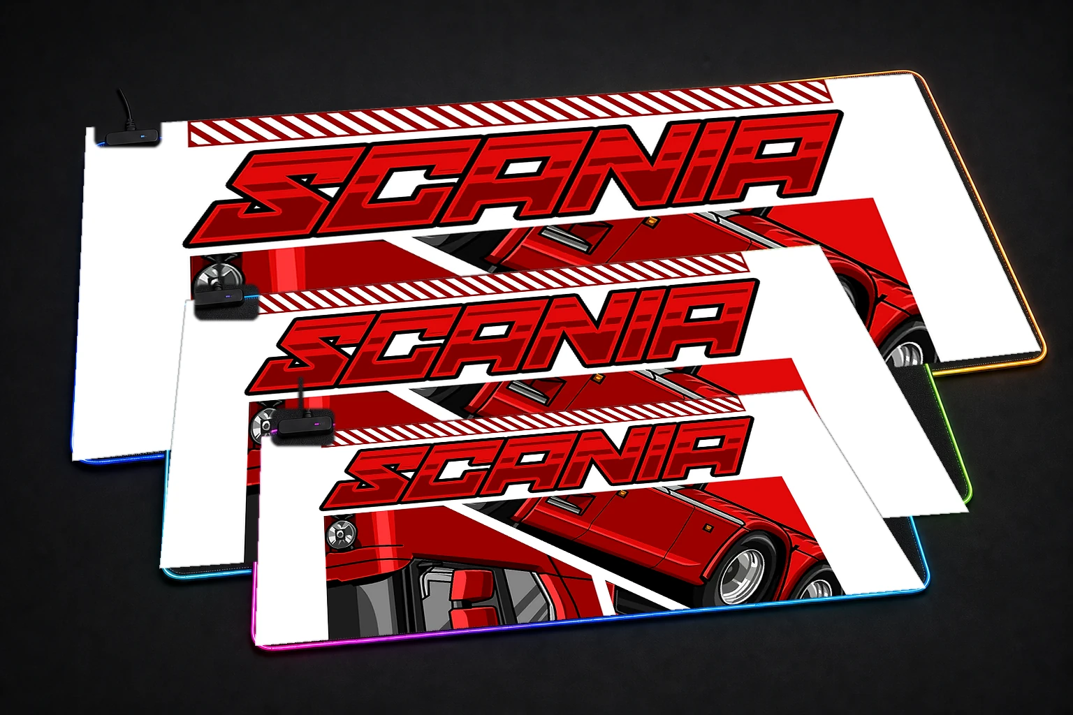 Red Scania Truck Illustration RGB Desk Mat three-size comparison