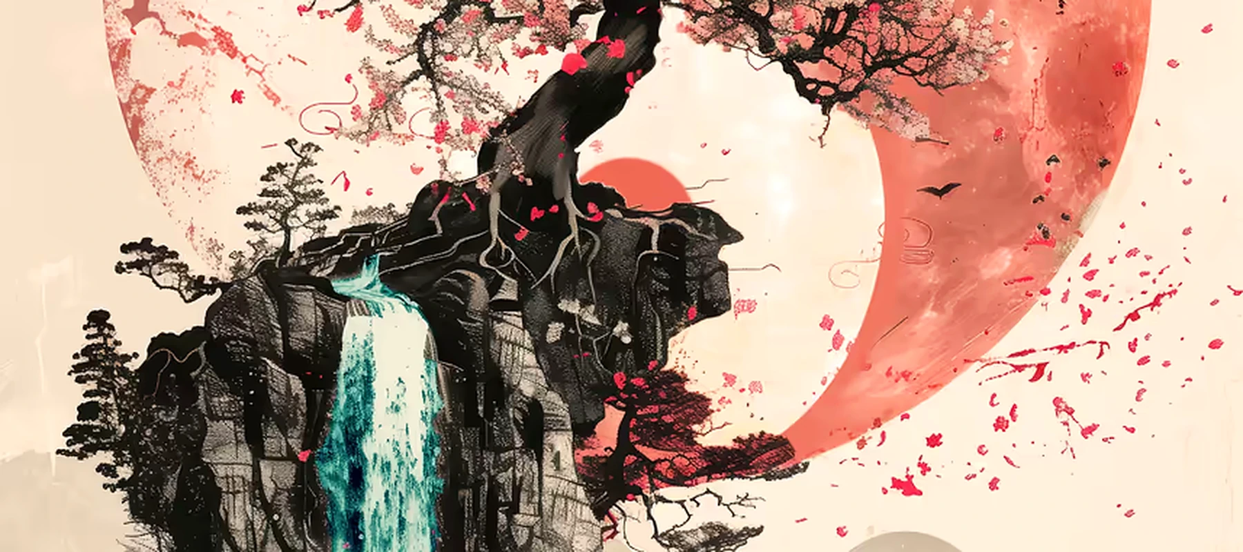 Sakura Watrefall Yin Yang RGB Desk Mat full-width design preview