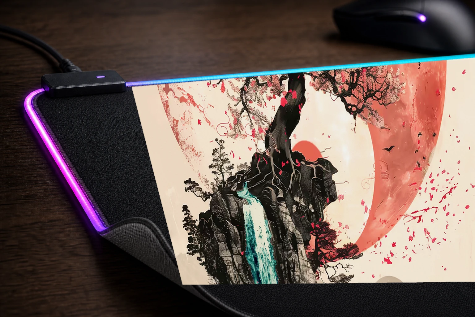 Sakura Watrefall Yin Yang RGB Desk Mat controller and material detail
