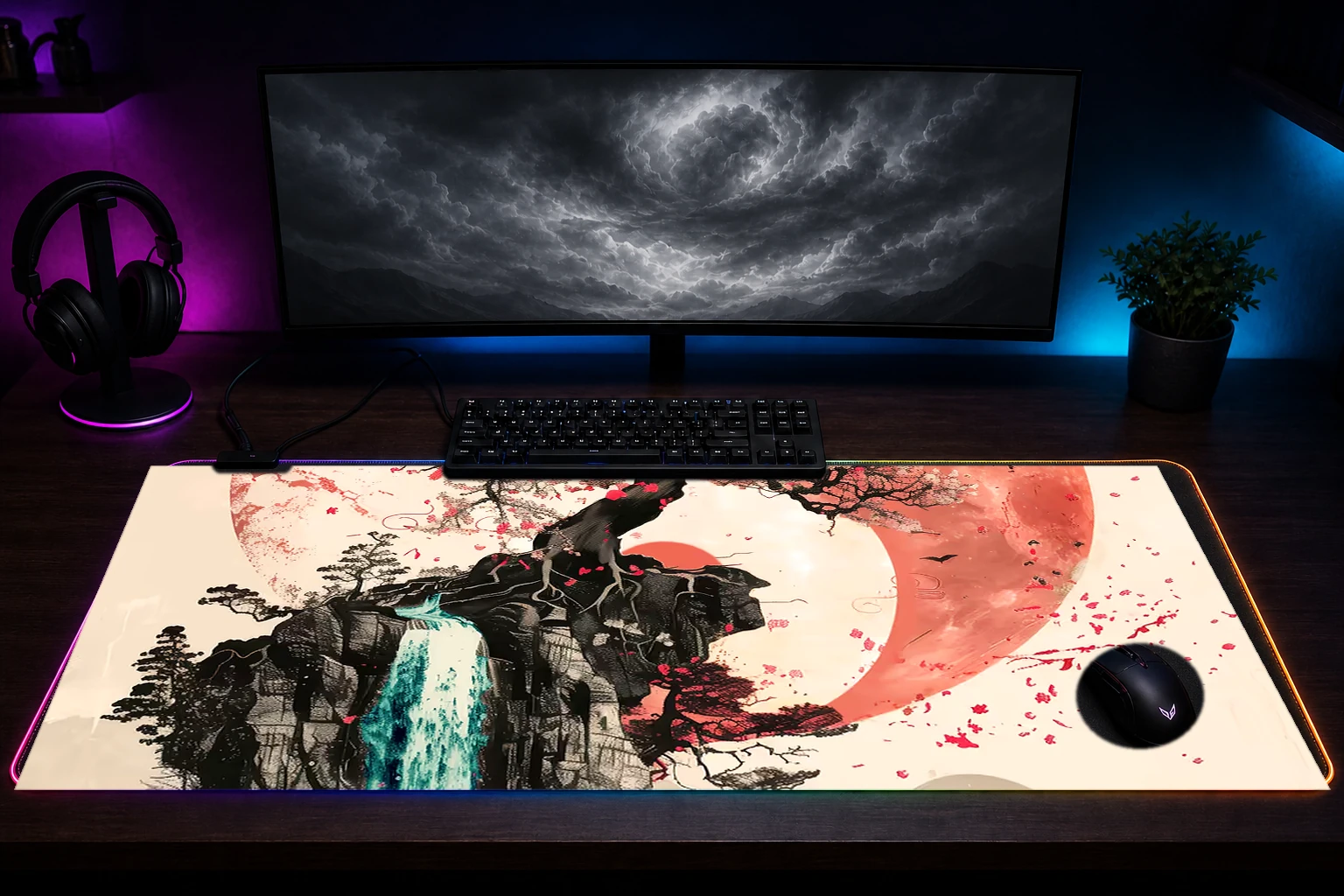 Sakura Watrefall Yin Yang RGB Desk Mat immersive setup scene