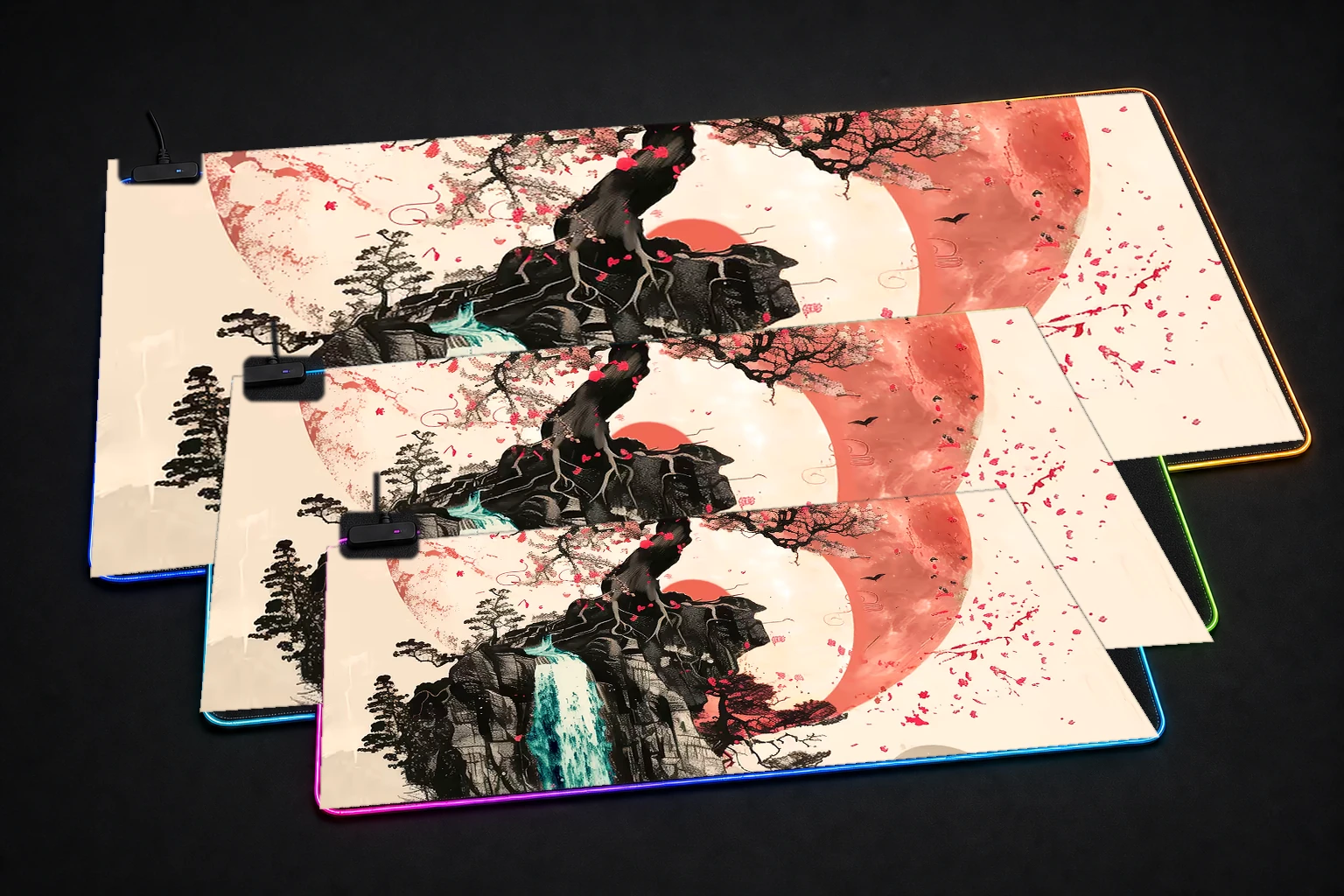 Sakura Watrefall Yin Yang RGB Desk Mat three-size comparison