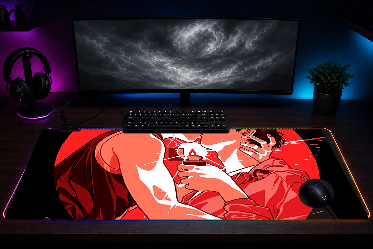 Leviticus Couple Kissing with Lighter RGB Desk Mat immersive setup scene