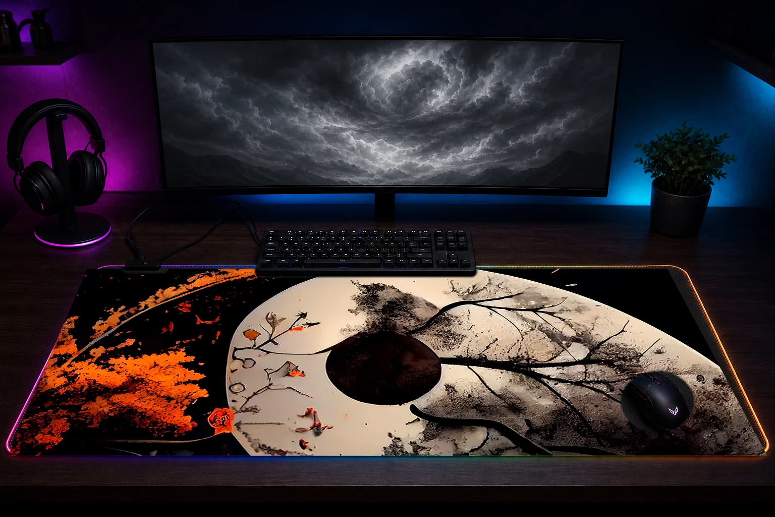 Ying yang RGB Desk Mat immersive setup scene