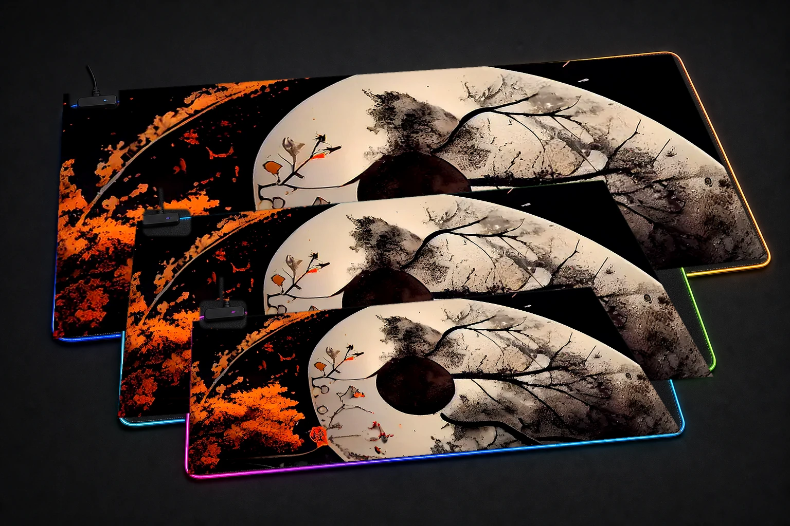 Ying yang RGB Desk Mat three-size comparison