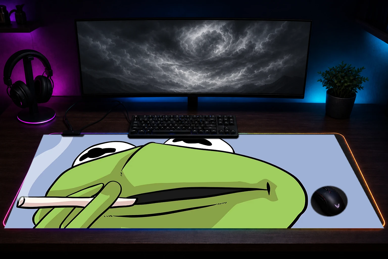 smoking kermit RGB Desk Mat immersive setup scene