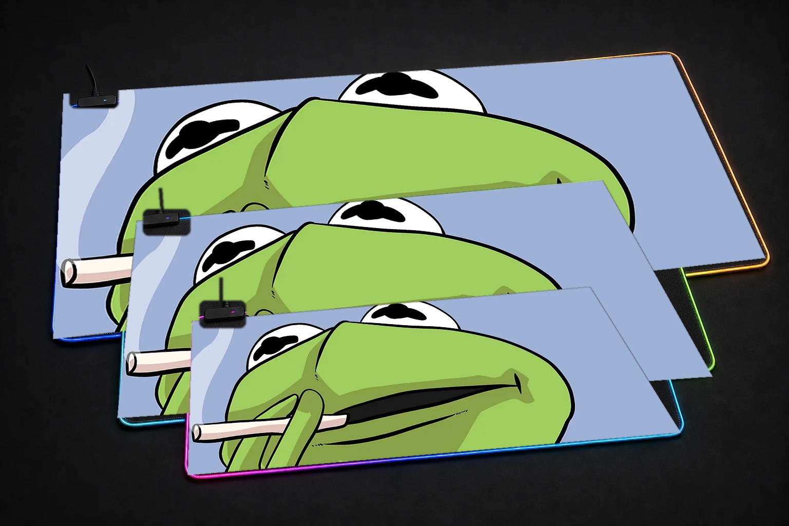 smoking kermit RGB Desk Mat three-size comparison