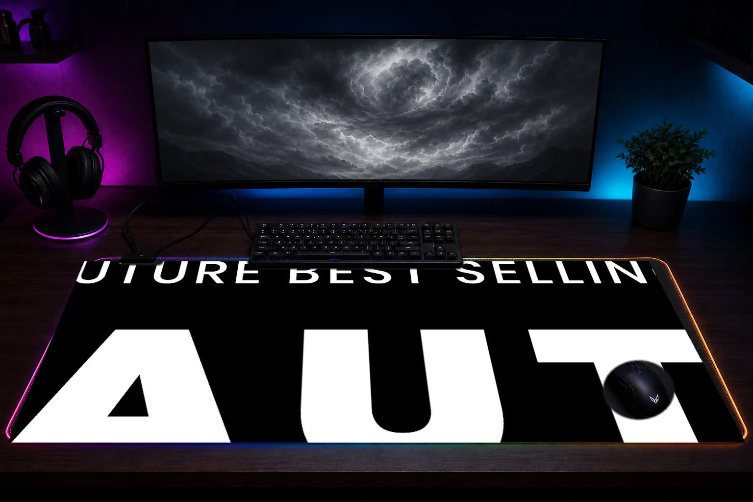 Future best selling author RGB Desk Mat immersive setup scene