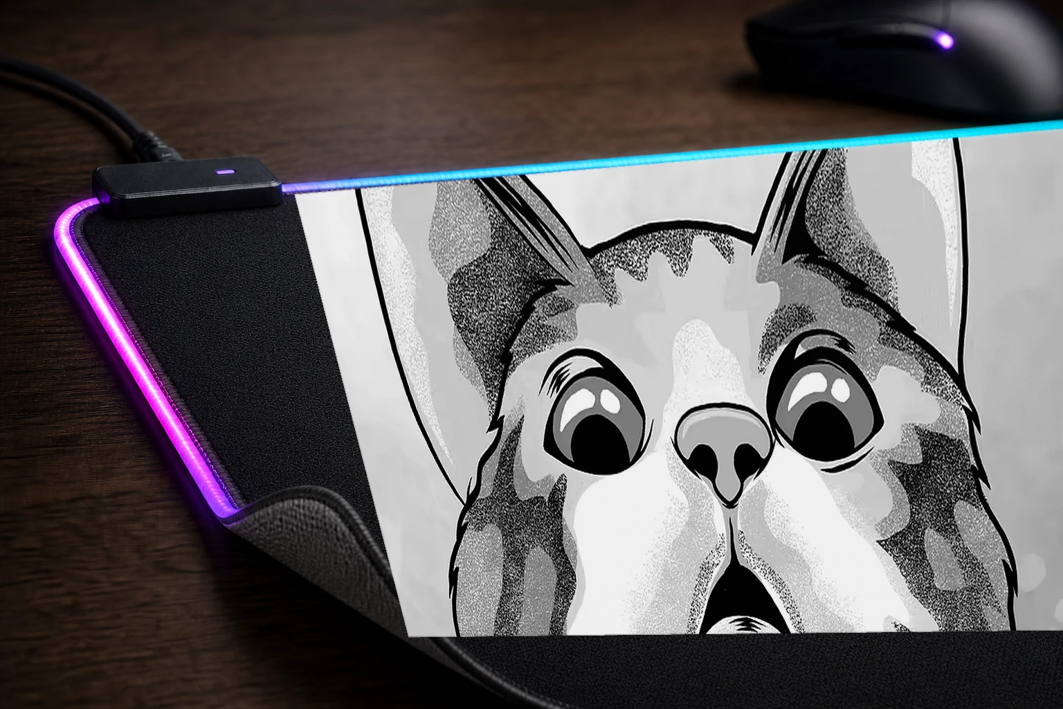 Scared cat RGB Desk Mat controller and material detail