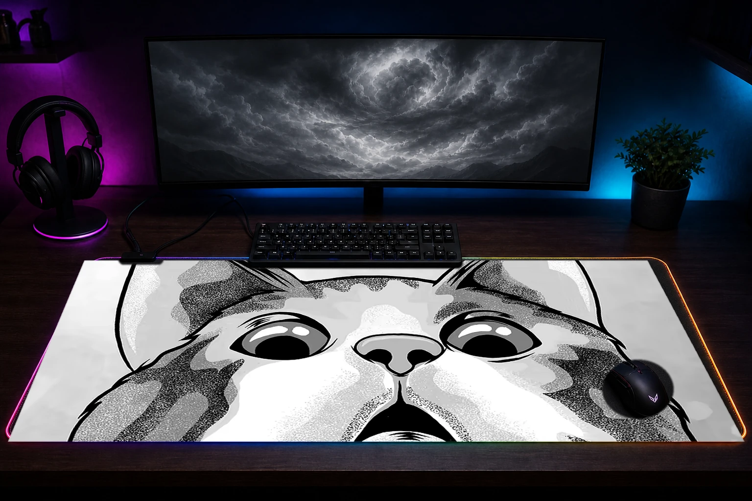 Scared cat RGB Desk Mat immersive setup scene