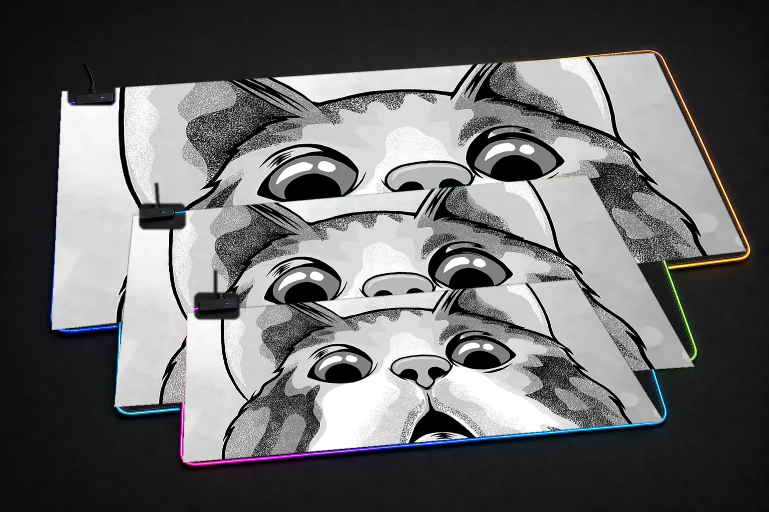 Scared cat RGB Desk Mat three-size comparison
