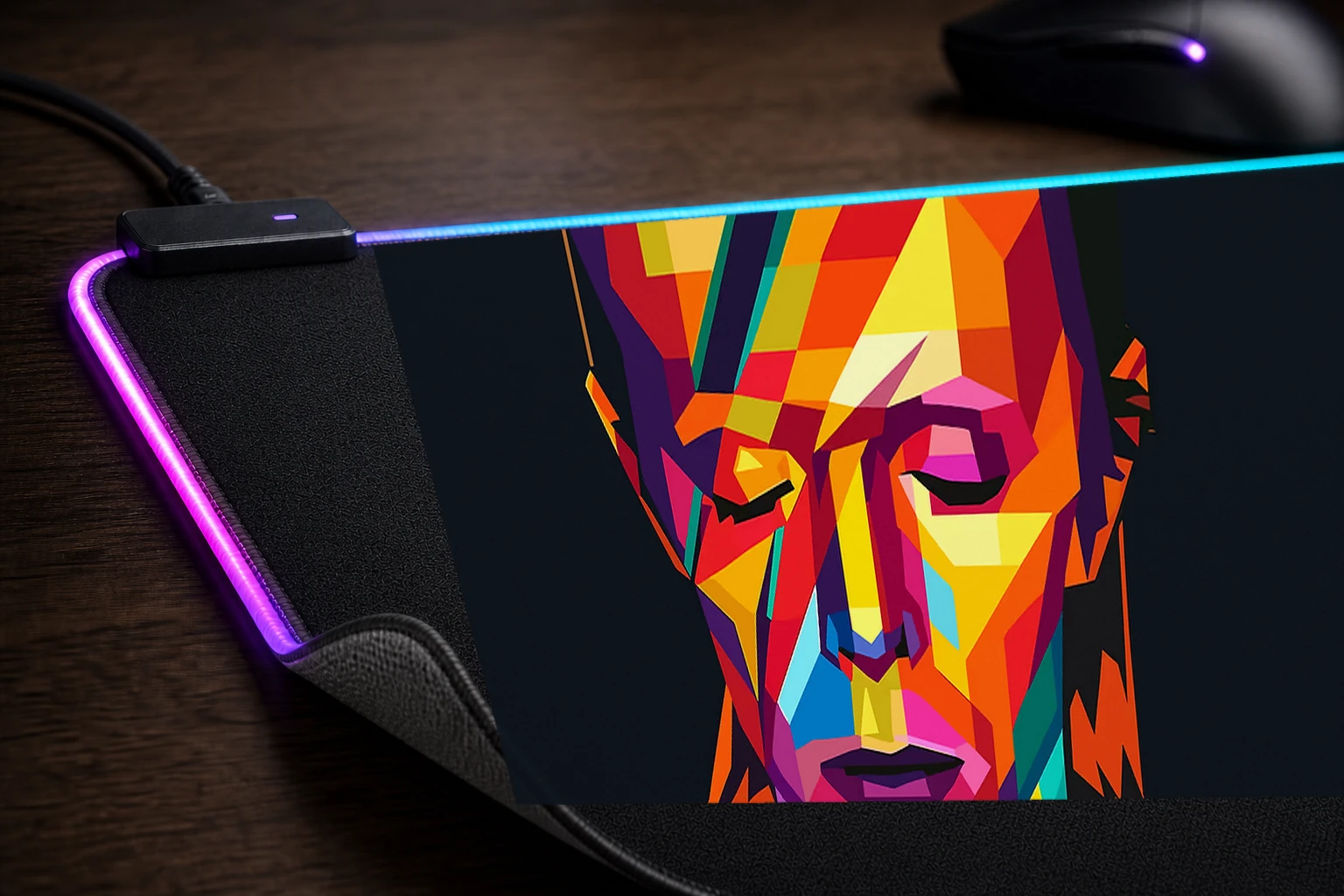 David Bowie Colorful Portrait RGB Desk Mat controller and material detail