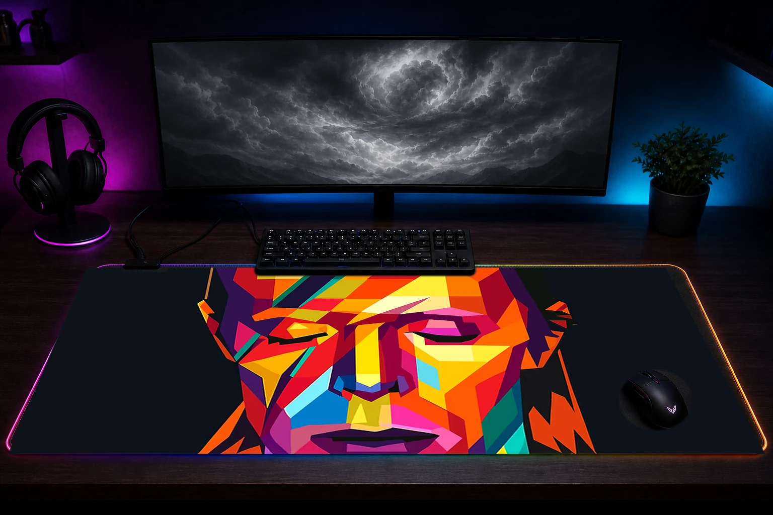 David Bowie Colorful Portrait RGB Desk Mat immersive setup scene
