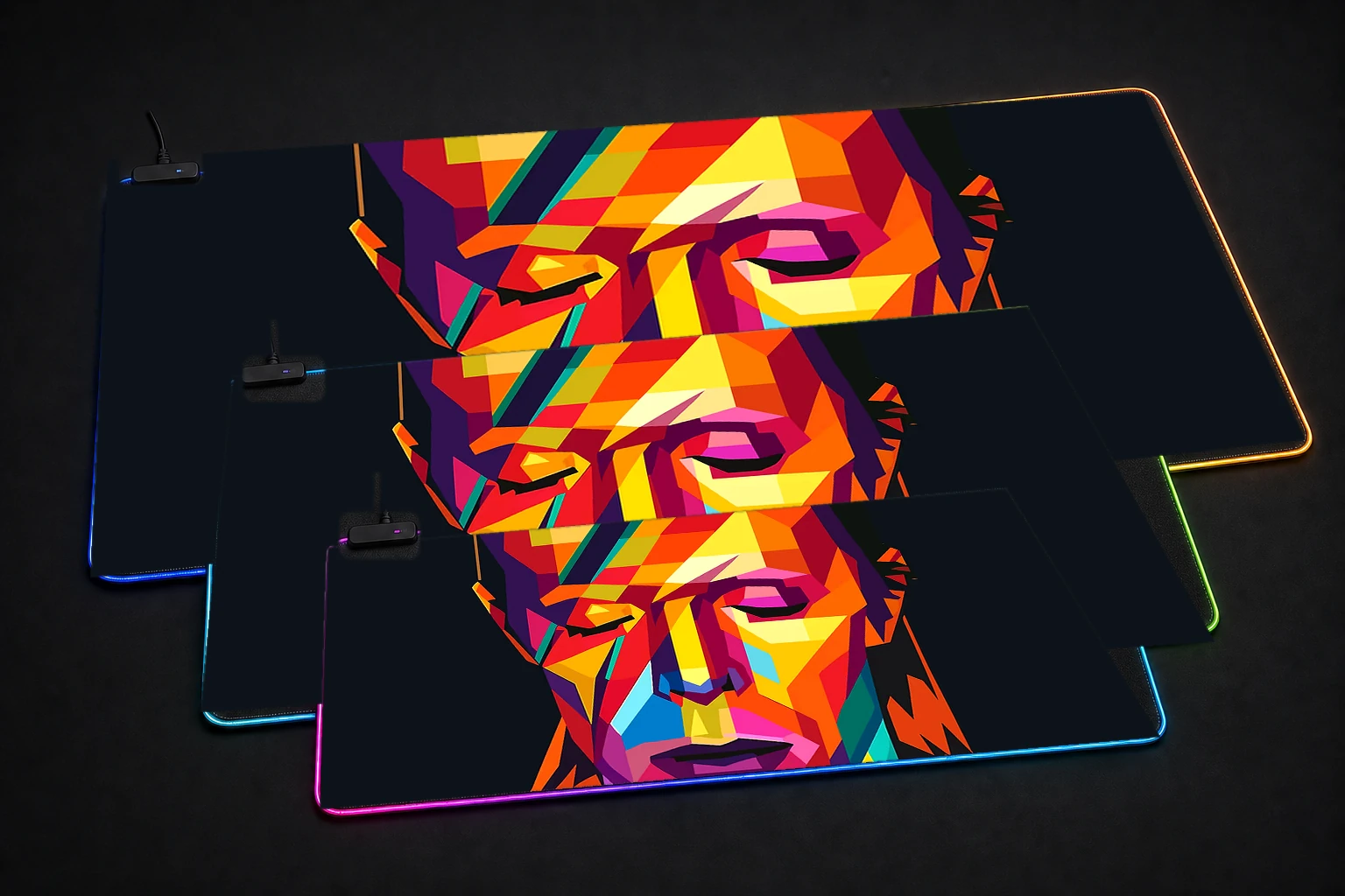 David Bowie Colorful Portrait RGB Desk Mat three-size comparison