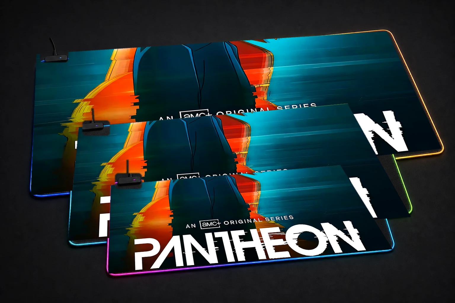 Pantheon AMC+ Original Series artwork RGB Desk Mat three-size comparison