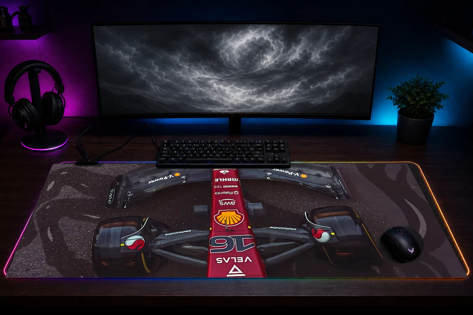 Formula 1 Ferarri RGB Desk Mat immersive setup scene