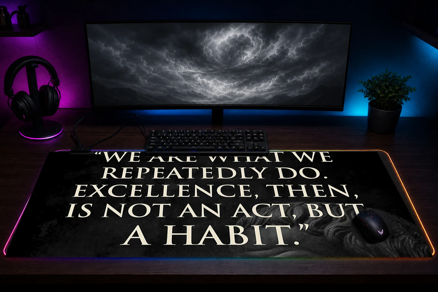 Aristotle Quote - Excellence is a Habit RGB Desk Mat immersive setup scene