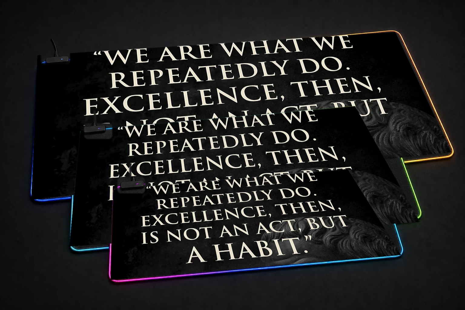 Aristotle Quote - Excellence is a Habit RGB Desk Mat three-size comparison