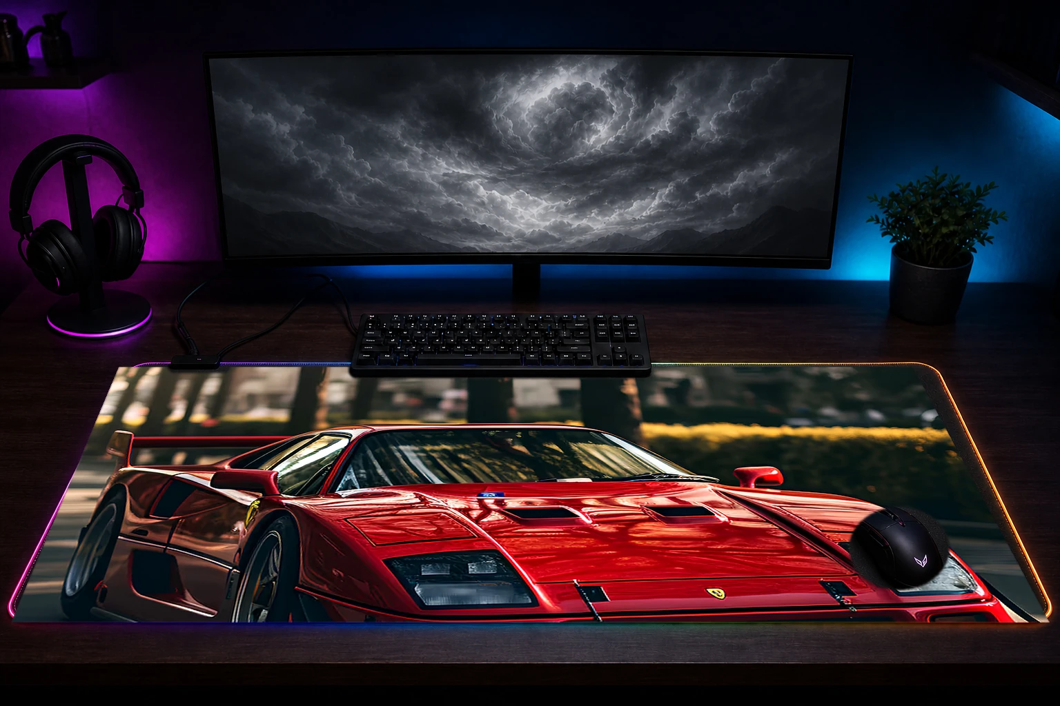 Ferarri F40 car photograph RGB Desk Mat immersive setup scene