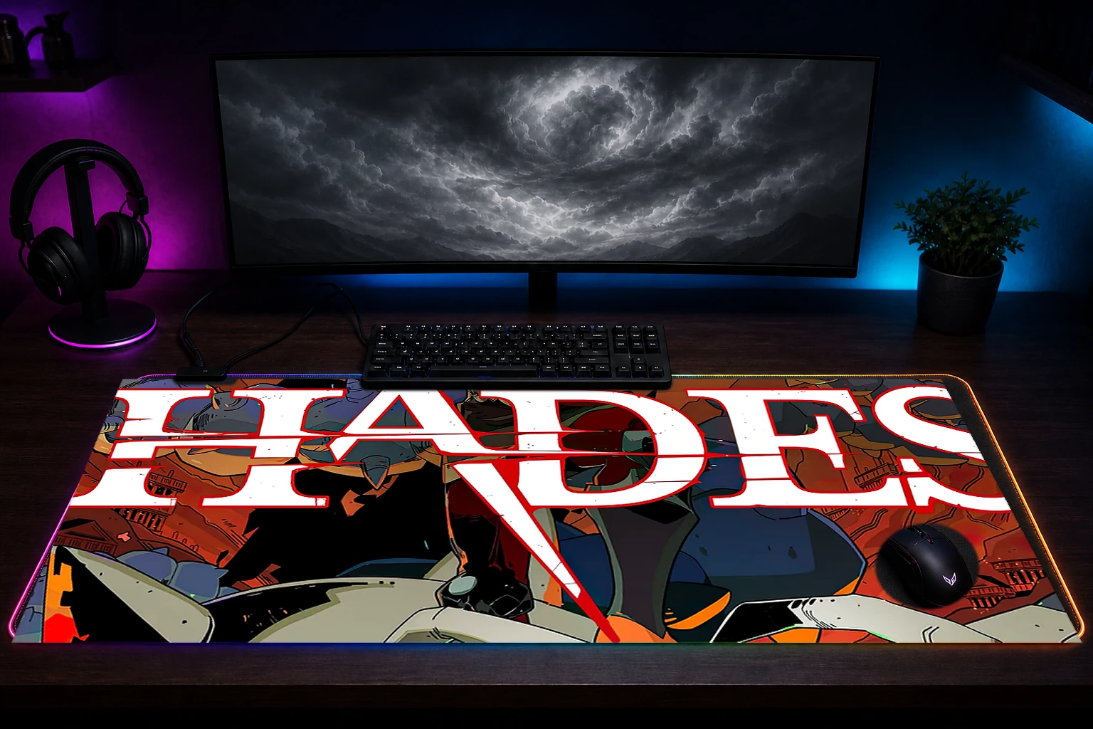 Hades RGB Desk Mat immersive setup scene