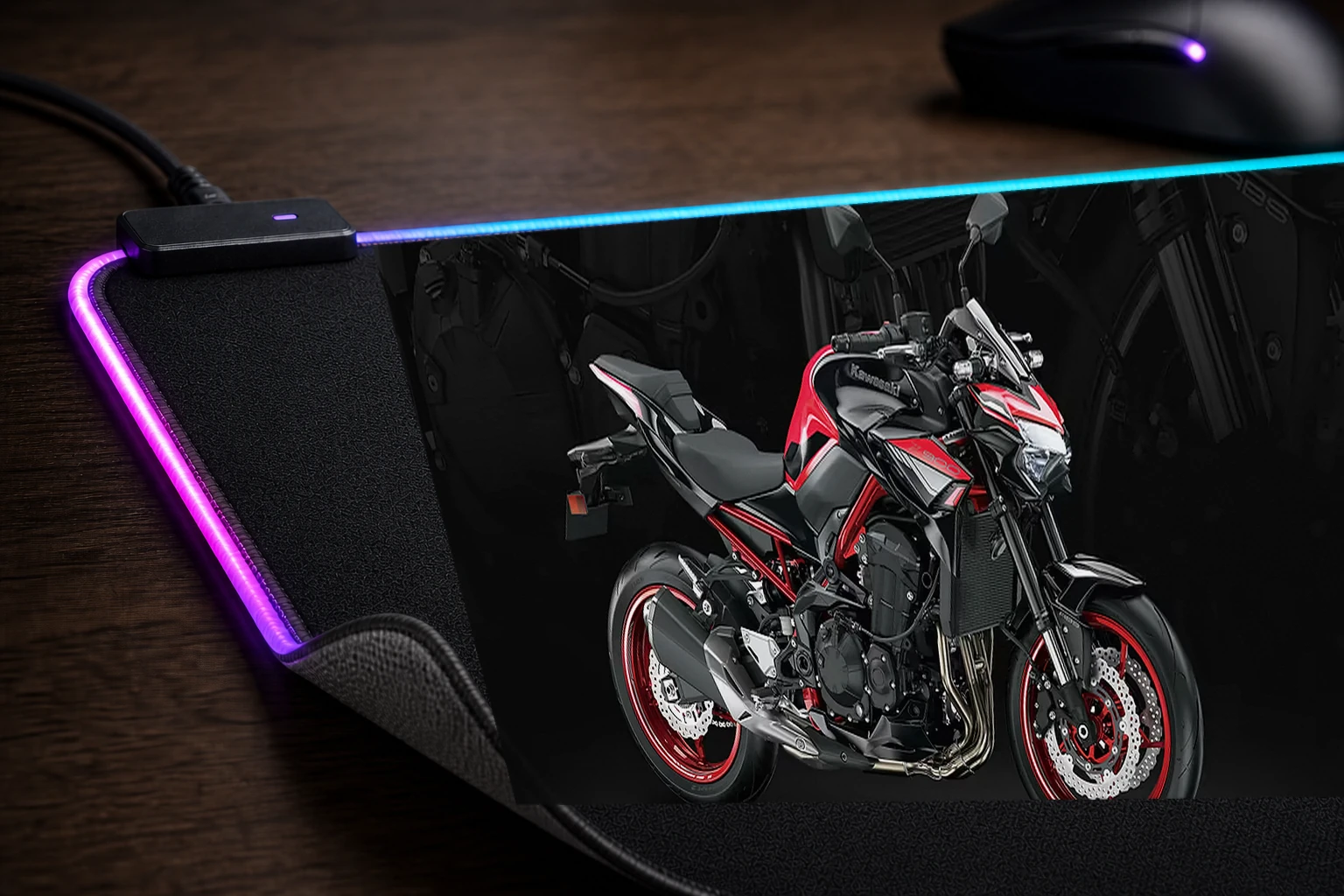 Red and Black Kawasaki Z900 RGB Desk Mat controller and material detail