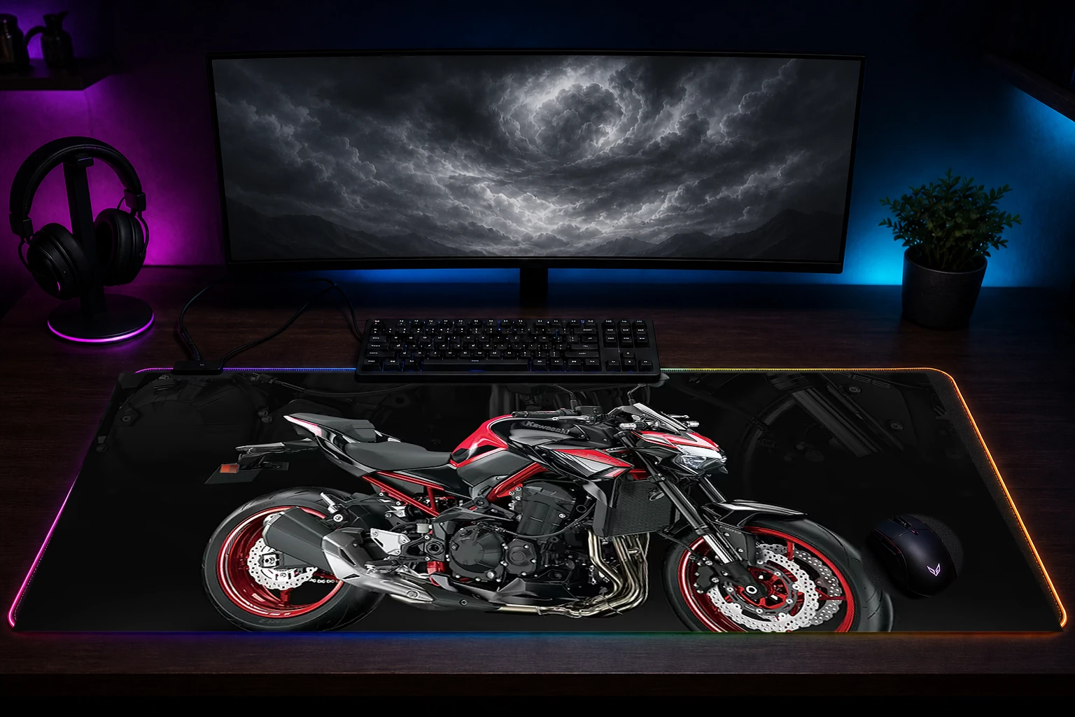 Red and Black Kawasaki Z900 RGB Desk Mat immersive setup scene
