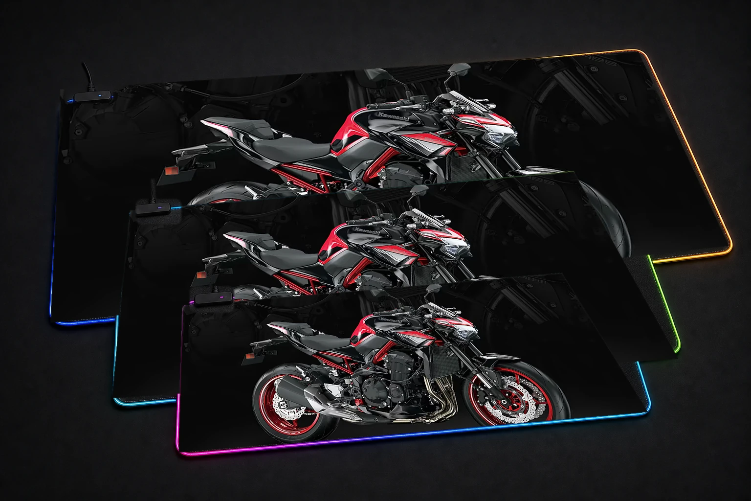 Red and Black Kawasaki Z900 RGB Desk Mat three-size comparison