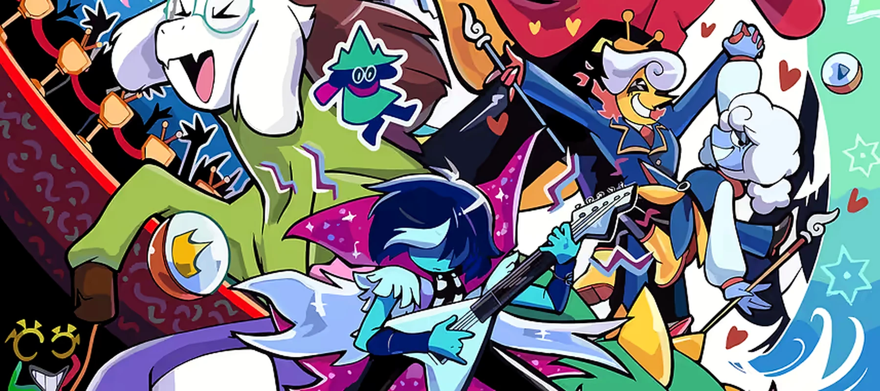 Deltarune characters in a dynamic composition RGB Desk Mat full-width design preview