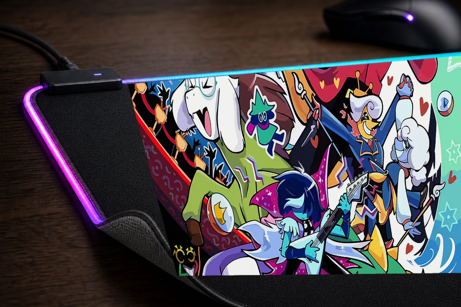 Deltarune characters in a dynamic composition RGB Desk Mat controller and material detail