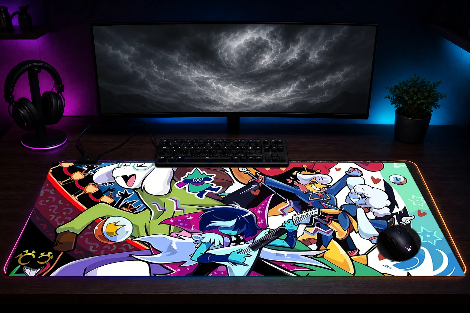 Deltarune characters in a dynamic composition RGB Desk Mat immersive setup scene