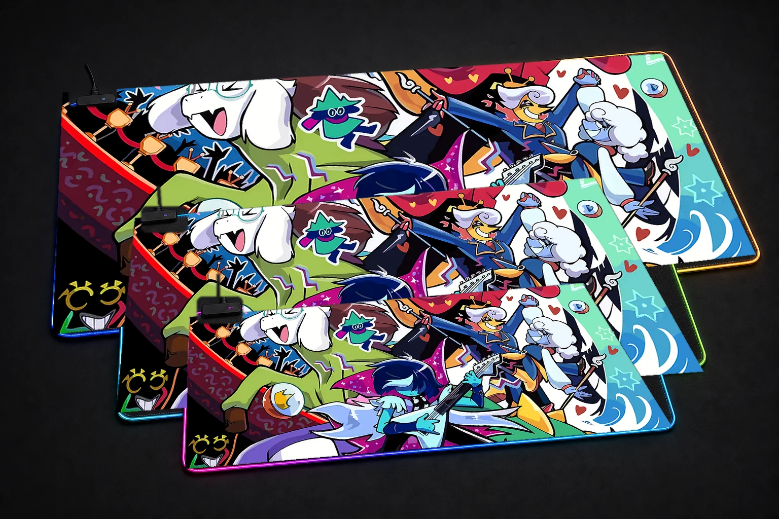 Deltarune characters in a dynamic composition RGB Desk Mat three-size comparison