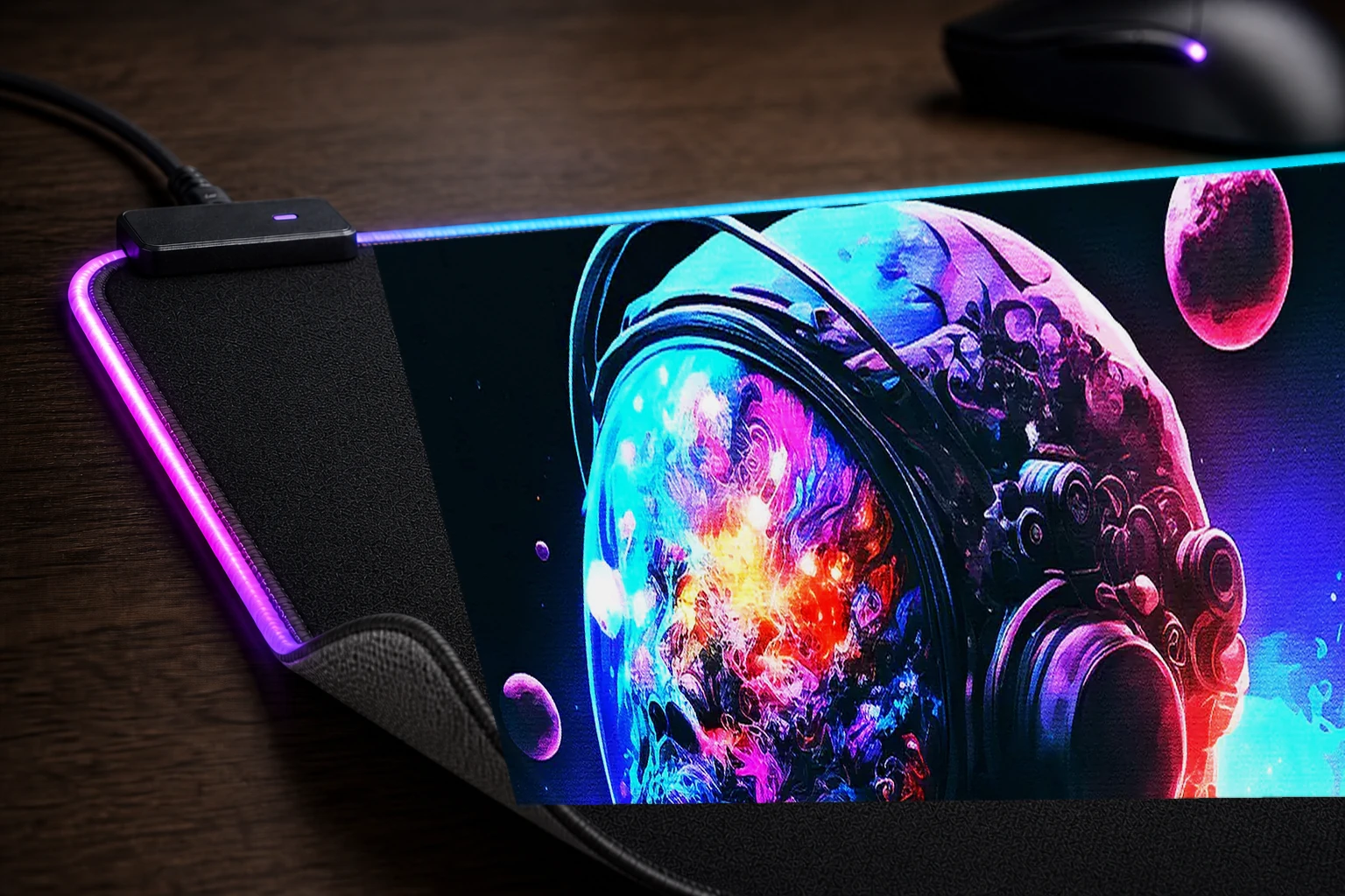 Neon Astronaut RGB Desk Mat controller and material detail