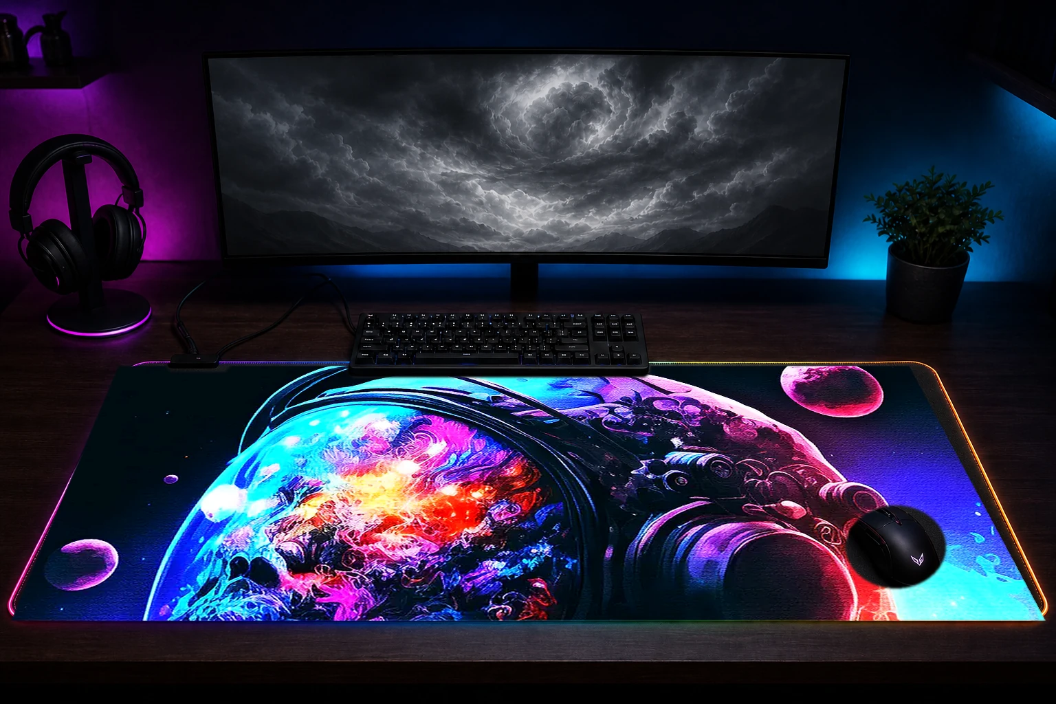 Neon Astronaut RGB Desk Mat immersive setup scene