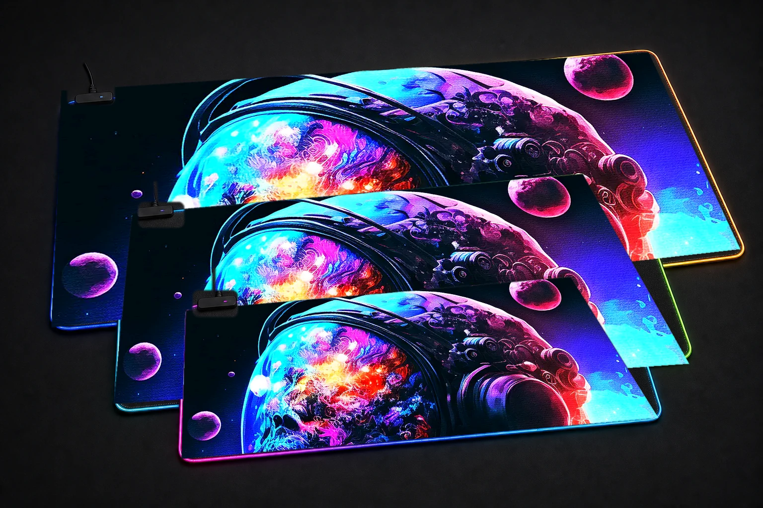 Neon Astronaut RGB Desk Mat three-size comparison