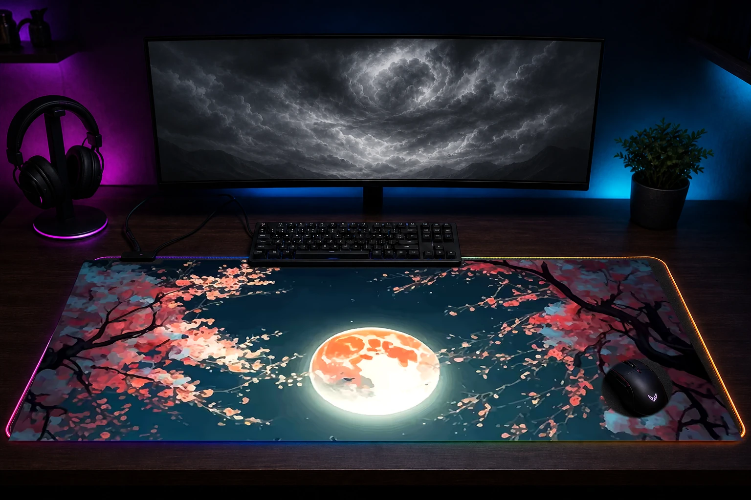 Samurai Moon RGB Desk Mat immersive setup scene
