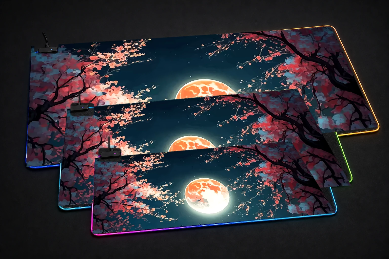 Samurai Moon RGB Desk Mat three-size comparison