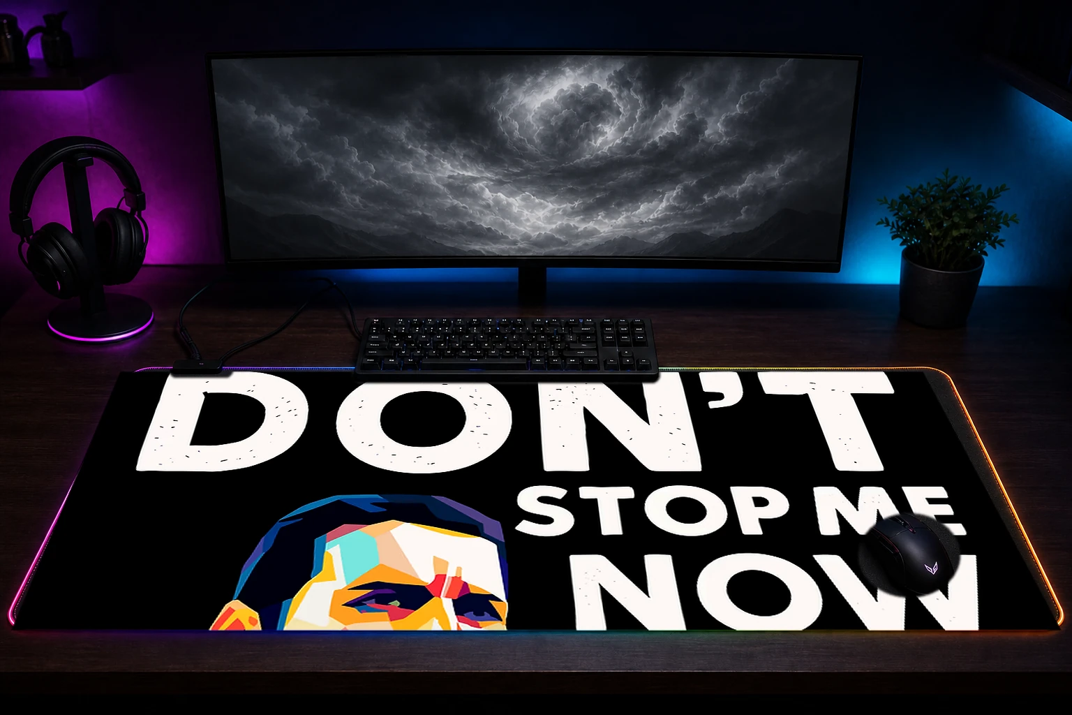 Freddie Mercury 'Don't Stop Me Now' Art RGB Desk Mat immersive setup scene