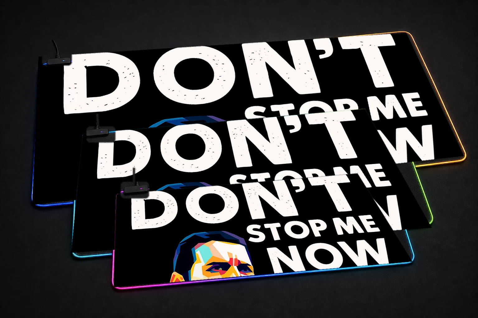 Freddie Mercury 'Don't Stop Me Now' Art RGB Desk Mat three-size comparison