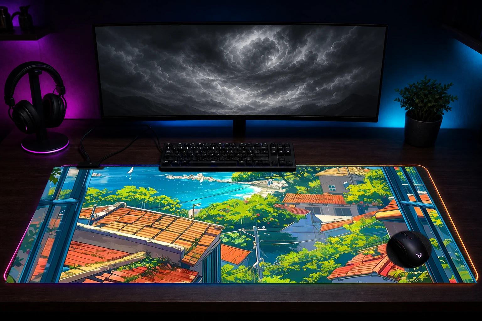 Mediterranean View RGB Desk Mat immersive setup scene