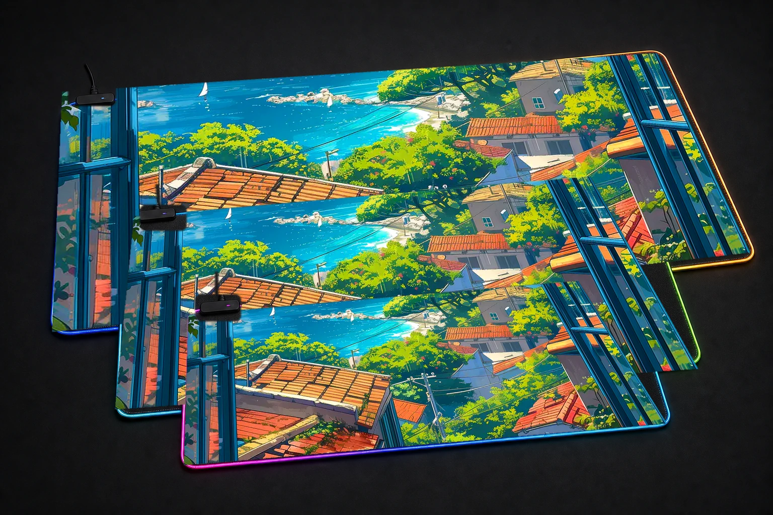 Mediterranean View RGB Desk Mat three-size comparison