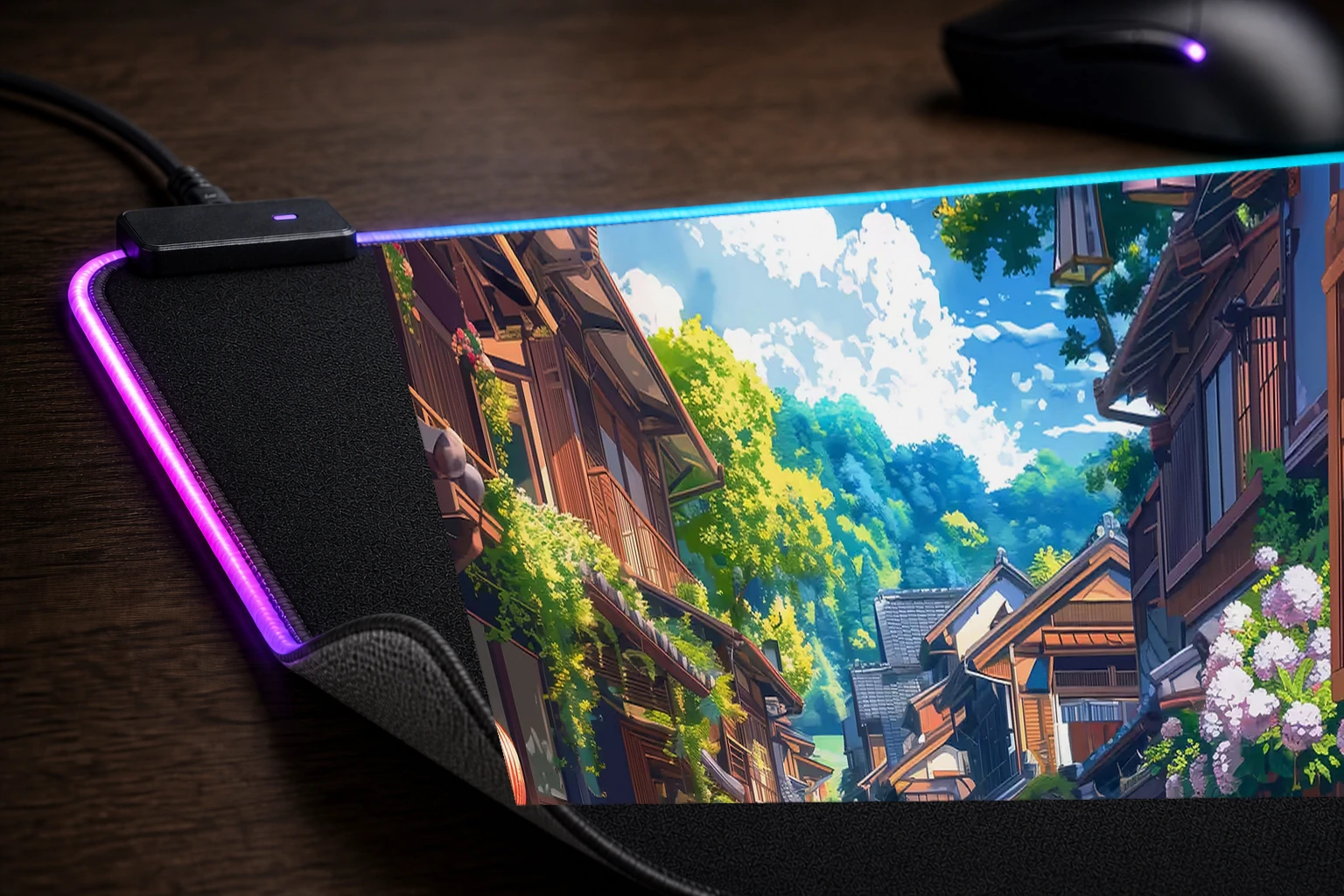 Sunlit Street Japan RGB Desk Mat controller and material detail