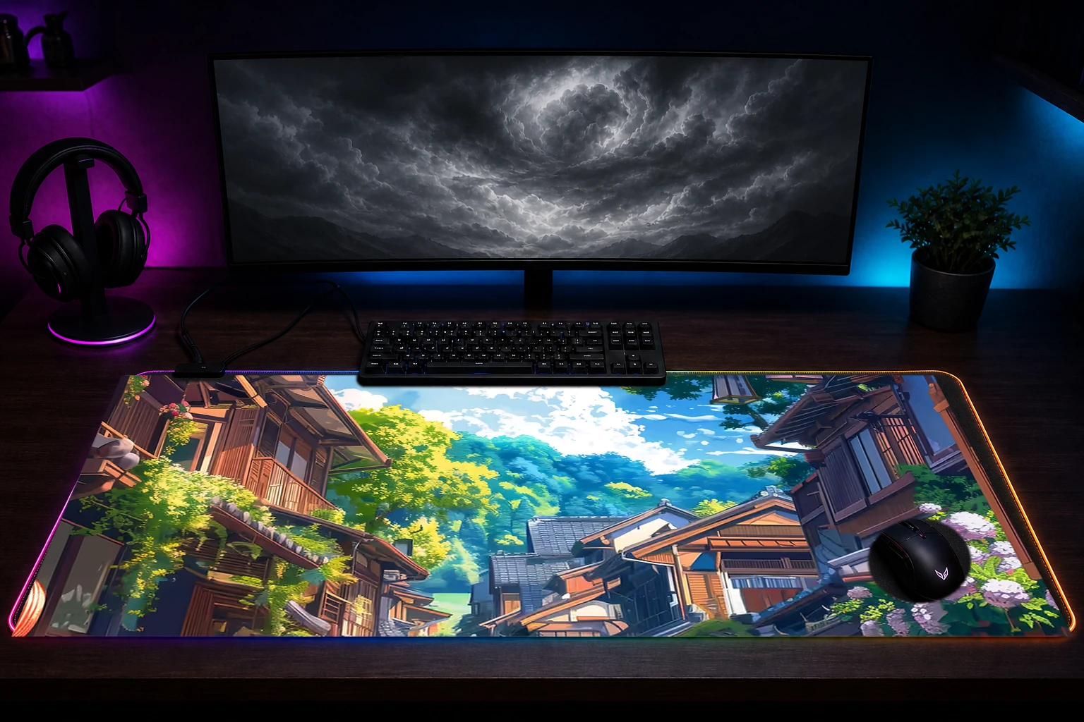 Sunlit Street Japan RGB Desk Mat immersive setup scene