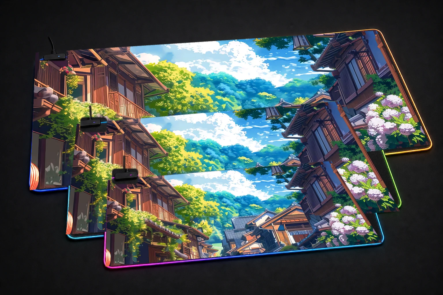 Sunlit Street Japan RGB Desk Mat three-size comparison