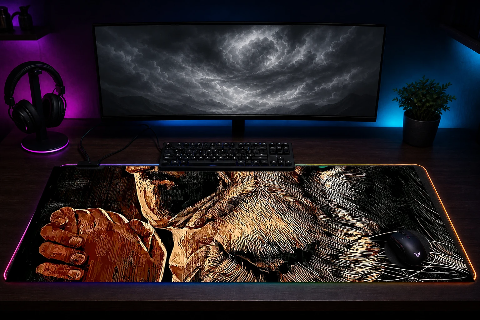 Jesus And Lion RGB Desk Mat immersive setup scene