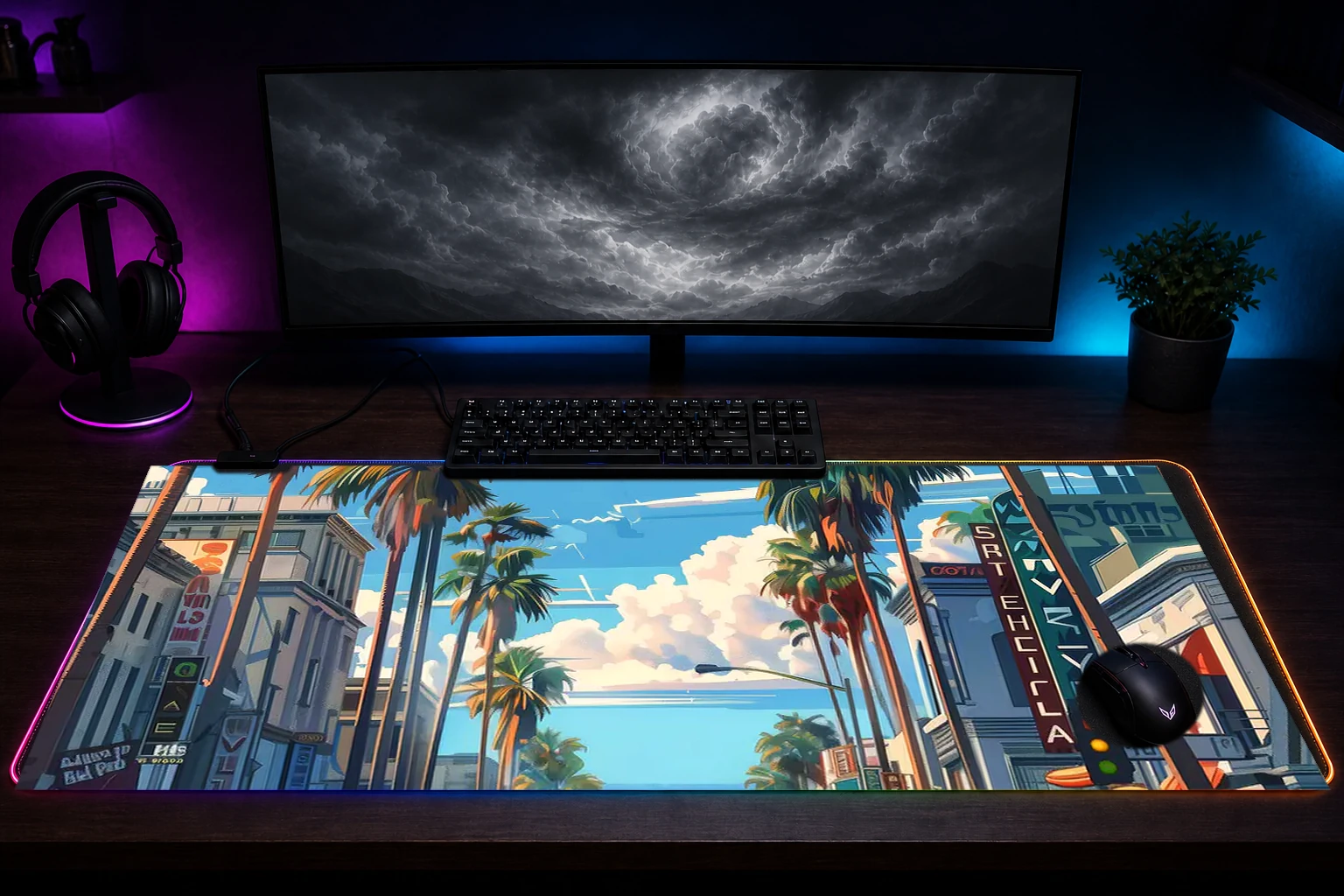 Los Angelis Anime Vintage RGB Desk Mat immersive setup scene