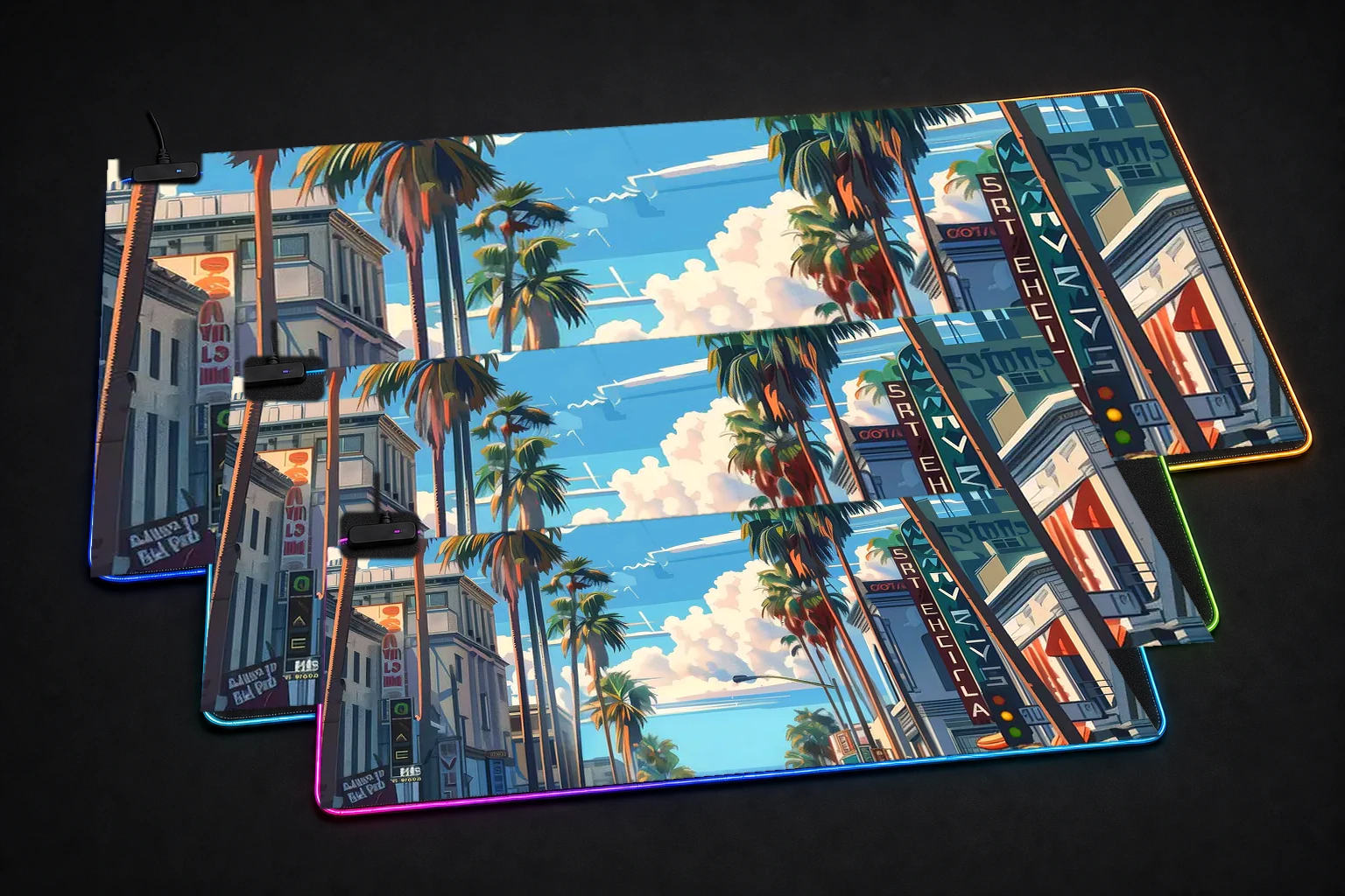 Los Angelis Anime Vintage RGB Desk Mat three-size comparison