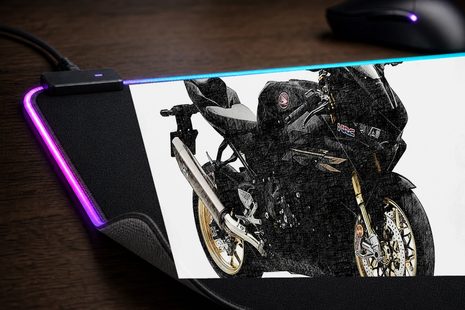 Honda CBR 1000RR-R Fireblade Carbon edition RGB Desk Mat controller and material detail